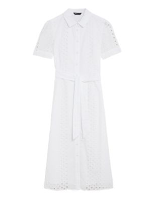 

Womens M&S Collection Pure Cotton Broderie Midi Shirt Dress - Ivory, Ivory