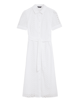 

Womens M&S Collection Pure Cotton Broderie Midi Shirt Dress - Ivory, Ivory