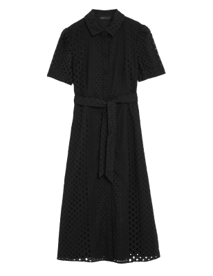 

Womens M&S Collection Pure Cotton Broderie Midi Shirt Dress - Black, Black