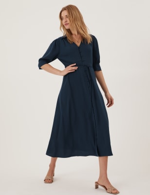 

Womens M&S Collection Midi-Shirtkleid mit durchgehender Knopfleiste und V-Ausschnitt - Navy, Navy