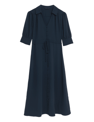 

Womens M&S Collection V-Neck Button Through Midi Shirt Dress - Navy, Navy