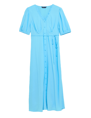 

Womens M&S Collection Midi-Teekleid mit kurzen Ärmeln und V-Ausschnitt - Blue, Blue