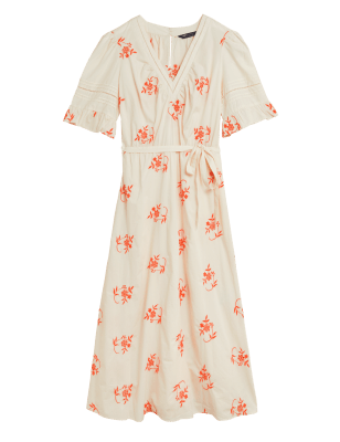 

Womens M&S Collection Pure Cotton Embroidered V-Neck Midaxi Dress - Ivory Mix, Ivory Mix