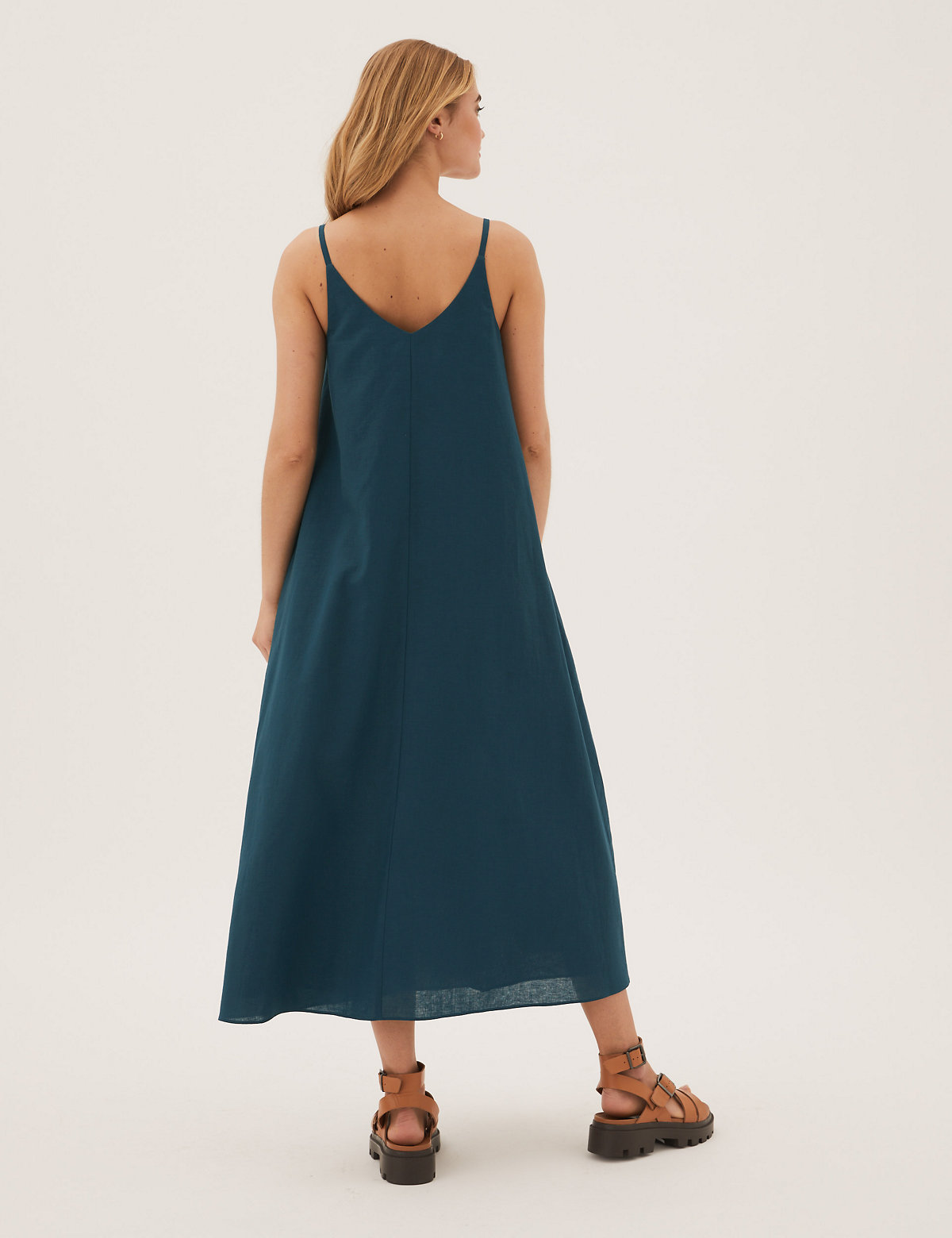 Linen Rich V-Neck Pleated Midi Slip Dress