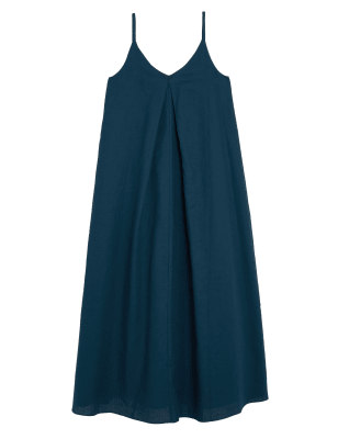 

Womens M&S Collection Linen Rich V-Neck Pleated Midi Slip Dress - Navy, Navy