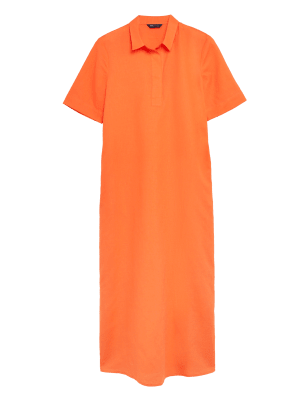 

Womens M&S Collection Schmales Midaxikleid mit hohem Leinenanteil und Kragen - Orange, Orange