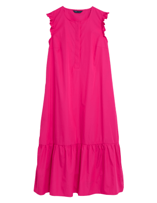 

Womens M&S Collection Pure Cotton Frill Detail Midi Smock Dress - Pink, Pink