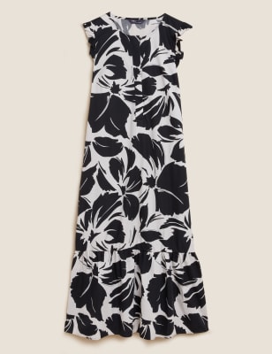 

M&S Collection Vestido floral fruncido a media pierna 100% algodónWomens - Black Mix, Black Mix