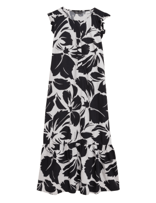 

Womens M&S Collection Pure Cotton Floral Midi Smock Dress - Black Mix, Black Mix