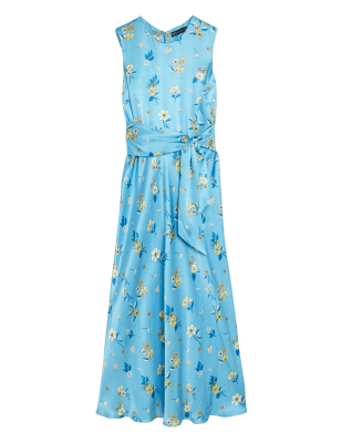 

Womens M&S Collection Satin Floral Tie Waist Midaxi Tea Dress - Blue Mix, Blue Mix