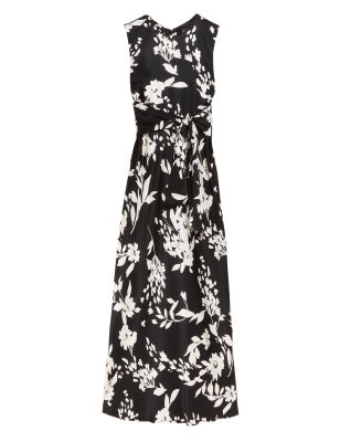 

M&S Collection Vestido de tarde maxi a media pierna floral de satén con lazo en la cinturaWomens - Black Mix, Black Mix