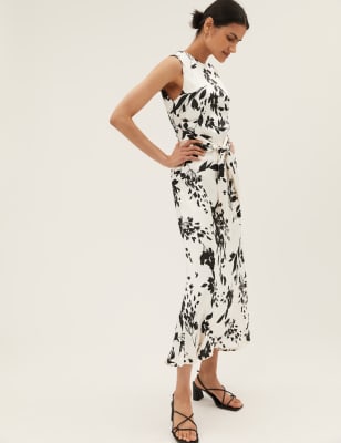 Satin Floral Tie Waist Midaxi Tea Dress