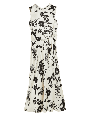 

Womens M&S Collection Satin Floral Tie Waist Midaxi Tea Dress - Ivory Mix, Ivory Mix