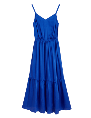 

Womens M&S Collection Satin V-Neck Midaxi Waisted Dress - Blue, Blue