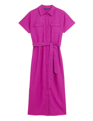 

Womens M&S Collection Midaxi-Shirtkleid aus Leinenmischgewebe mit Gürtel - Pink, Pink