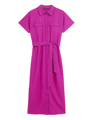 

Womens M&S Collection Linen Blend Belted Midaxi Shirt Dress - Pink, Pink