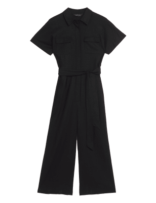 

Womens M&S Collection 3/4-Jumpsuit aus Leinenmischgewebe mit Gürtel - Black, Black