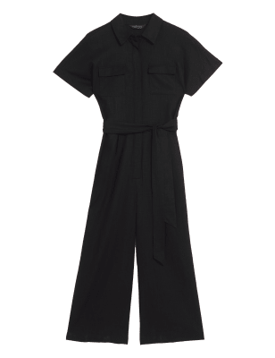 

Womens M&S Collection Linen Blend Belted Cropped Jumpsuit - Black, Black