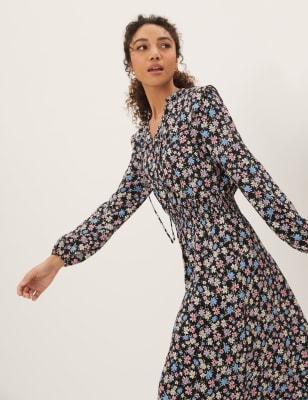 

Womens M&S Collection Floral Collared Tie Neck Midi Waisted Dress - Multi, Multi