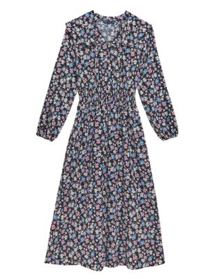 M&S Womens Floral Collared Tie Neck Midi Waisted Dress
