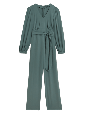 

Womens M&S Collection Belted Long Sleeve Wide Leg Jumpsuit - Grey/Green, Grey/Green