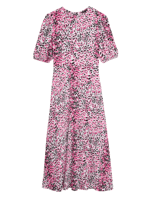 

M&S Collection Vestido de tarde maxi a media pierna con estampado animal y manga abullonadaWomens - Pink Mix, Pink Mix
