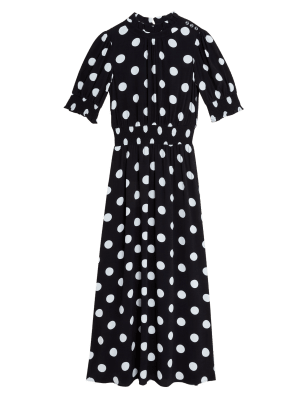 

Womens M&S Collection Polka Dot High Neck Midi Waisted Dress - Black Mix, Black Mix