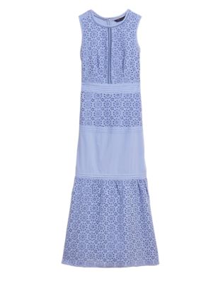 

Womens M&S Collection Pure Cotton Broderie Midi Tiered Dress - Blue, Blue