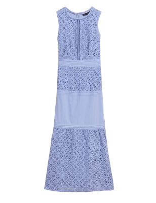 

Womens M&S Collection Pure Cotton Broderie Midi Tiered Dress - Blue, Blue