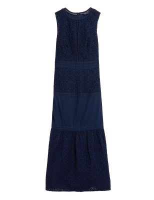 

Womens M&S Collection Midi-Stufenkleid aus reiner Baumwolle mit Lochstickerei - Navy, Navy