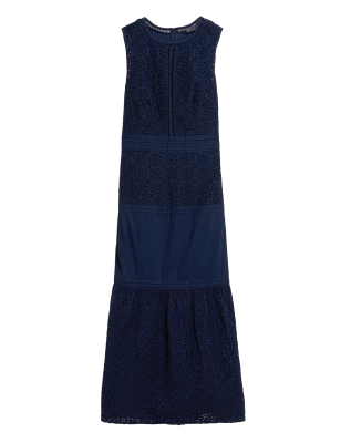 

Womens M&S Collection Pure Cotton Broderie Midi Tiered Dress - Navy, Navy