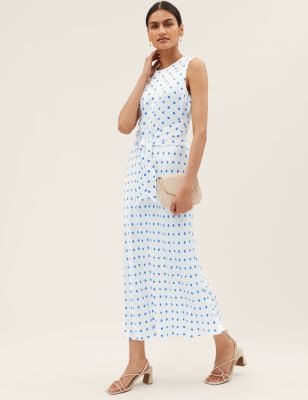 satin polka dot tie front midaxi dress