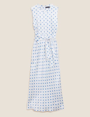 satin polka dot tie front midaxi dress