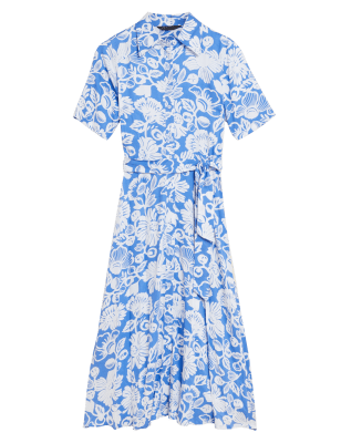 

Womens M&S Collection Floral Short Sleeve Midaxi Shirt Dress - Blue Mix, Blue Mix