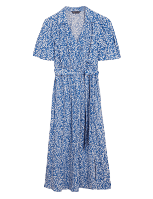 

Womens M&S Collection Printed V-Neck Tie Waist Midi Wrap Dress - Blue Mix, Blue Mix