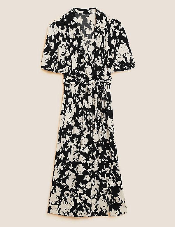 Floral V-Neck Angel Sleeve Midi Wrap Dress