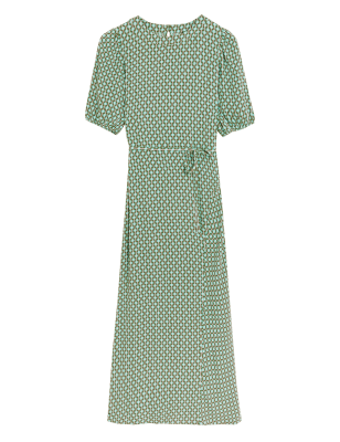 

Womens M&S Collection Schmales Midaxikleid mit geometrischem Muster und Gürtel - Green Mix, Green Mix
