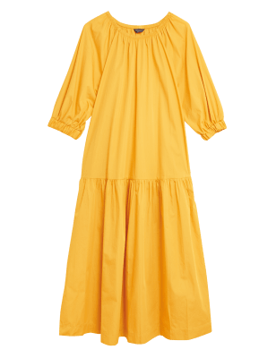 

Womens M&S Collection Pure Cotton Round Neck Midaxi Tiered Dress - Yellow, Yellow