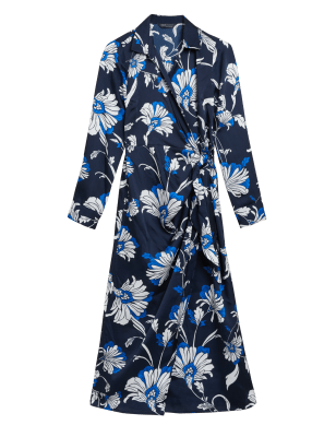 

Womens M&S Collection Geblümtes Midi-Wickelkleid mit Bindedetail - Navy Mix, Navy Mix