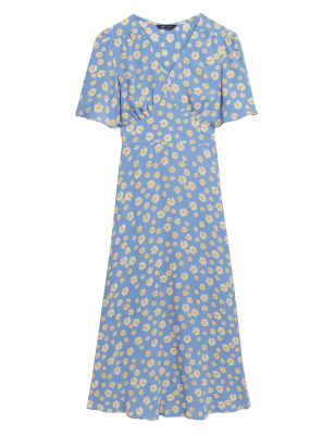 

Womens M&S Collection Floral V-Neck Angel Sleeve Midi Tea Dress - Blue Mix, Blue Mix