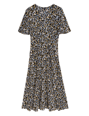 

Womens M&S Collection Geblümtes Midi-Teekleid mit Engelsärmeln und V-Ausschnitt - Black Mix, Black Mix