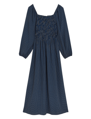 

Womens M&S Collection Gesmoktes Midikleid mit Rundhalsausschnitt und geometrischem Muster - Blue Mix, Blue Mix