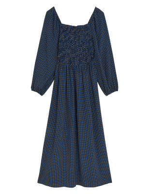 

Womens M&S Collection Geometric Round Neck Shirred Midi Dress - Blue Mix, Blue Mix