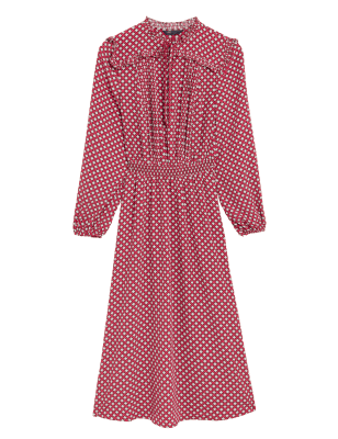 

Womens M&S Collection Geometric Tie Neck Midi Waisted Dress - Red Mix, Red Mix