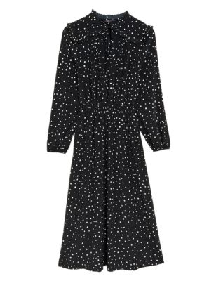 Womens M&S Collection Polka Dot Tie Neck Midi Waisted Dress - Black Mix