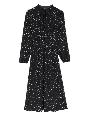 

Womens M&S Collection Polka Dot Tie Neck Midi Waisted Dress - Black Mix, Black Mix