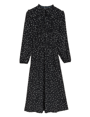 Womens M&S Collection Polka Dot Tie Neck Midi Waisted Dress - Black Mix