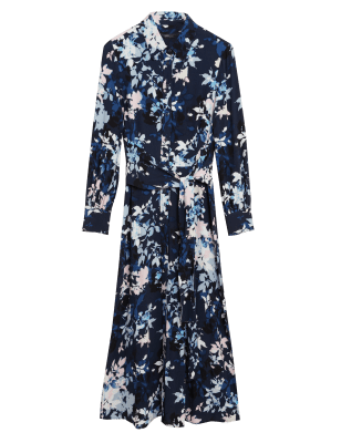

Womens M&S Collection Floral Tie Waist Midaxi Shirt Dress - Navy Mix, Navy Mix