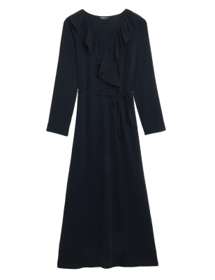 

Womens M&S Collection V-Neck Ruffle Midi Column Dress - Navy, Navy