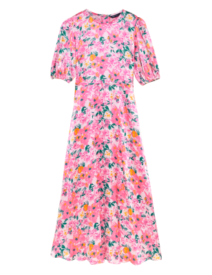 

Womens M&S Collection Satin Floral Round Neck Midaxi Tea Dress - Pink Mix, Pink Mix